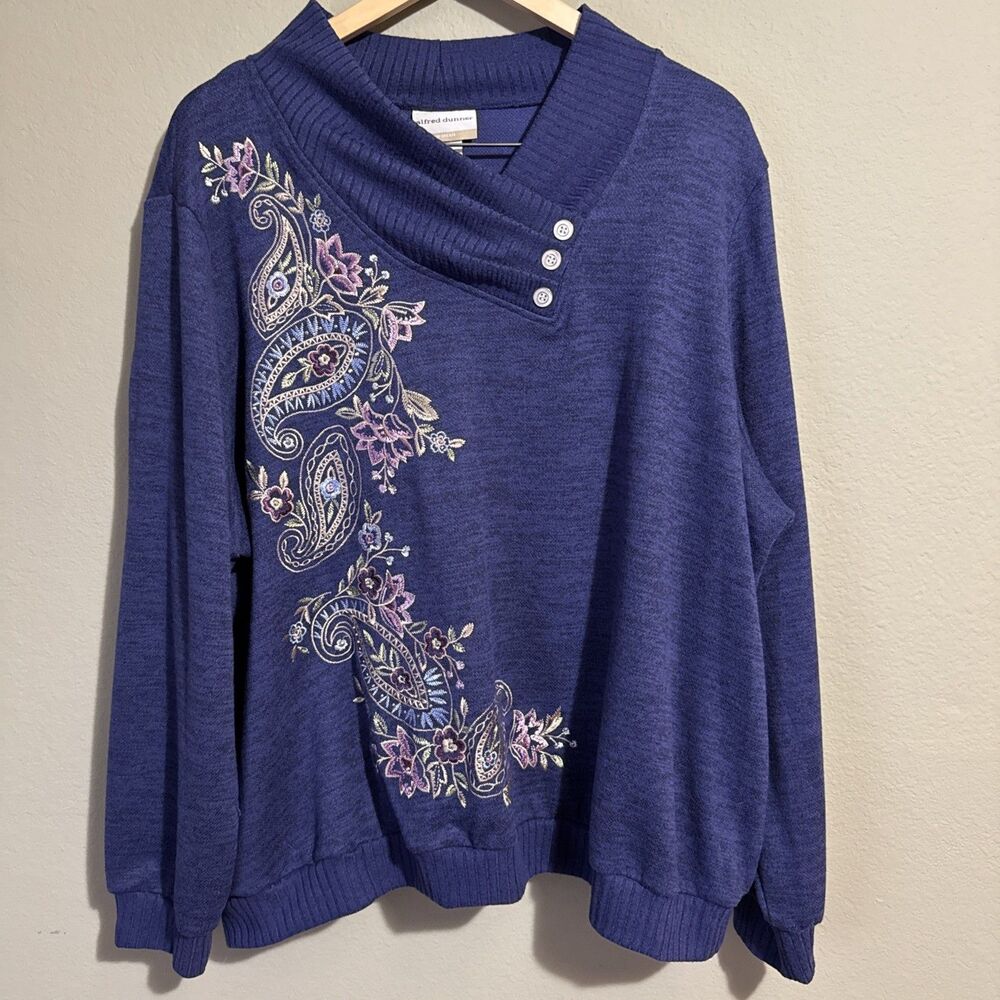 Alfred Dunner French Quarter Blue Paisley Floral Embroidered Sweater 2X